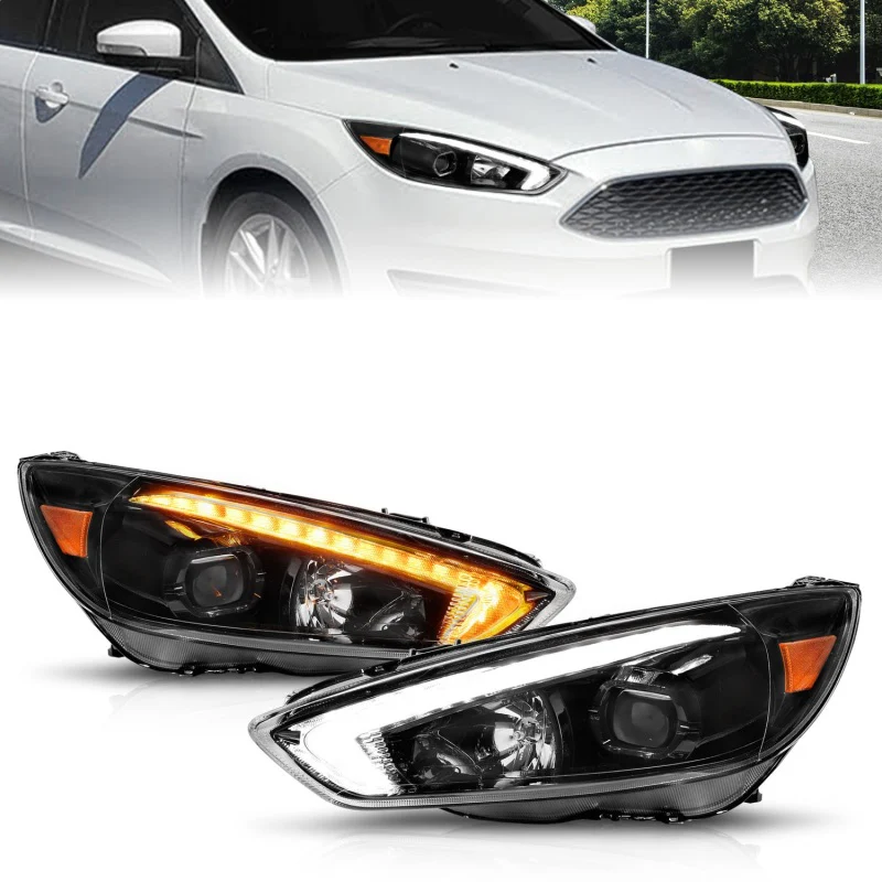 ANZO 15-18 Ford Focus Projector Headlights - w/ Light Bar Switchback Black Housing - Image 2