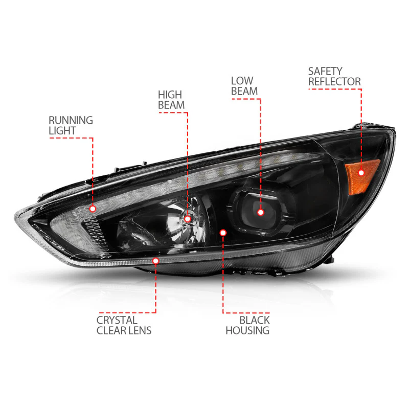 ANZO 15-18 Ford Focus Projector Headlights - w/ Light Bar Switchback Black Housing - Image 5