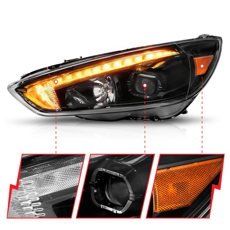 ANZO 15-18 Ford Focus Projector Headlights - w/ Light Bar Switchback Black Housing - Image 9