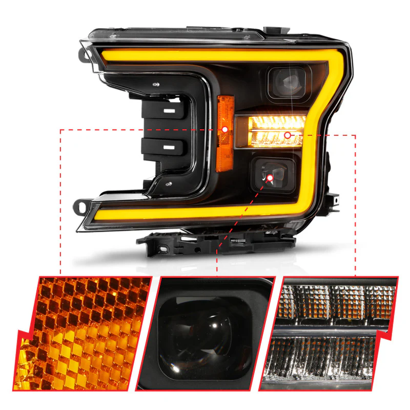 ANZO 18-20 Ford F-150 (w/o Fctry LED) Full LED Proj Headlights w/Light Bar Swtchbk Seq. Black w/Init - Image 9