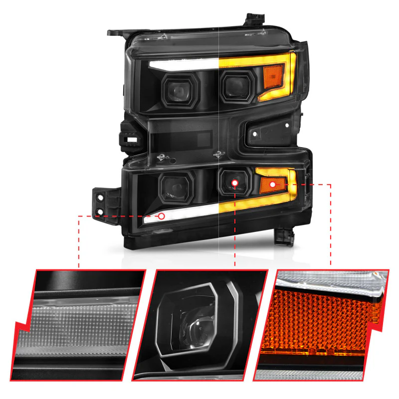 ANZO 19-22 Chevrolet Silverado 1500 LED Proj HL w/Lgt Bar SwBk Seq. Blk w/In. Light - Driver Side ON - Image 14