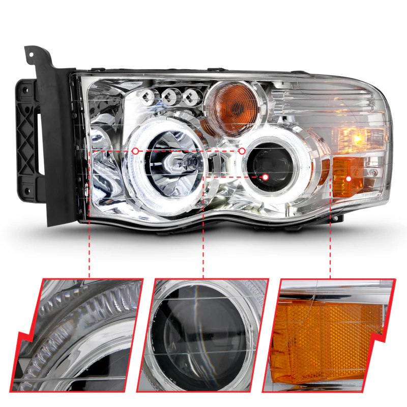 ANZO 2002-2005 Dodge Ram 1500 Projector Headlights w/ Halo Chrome Clear Amber - Image 6