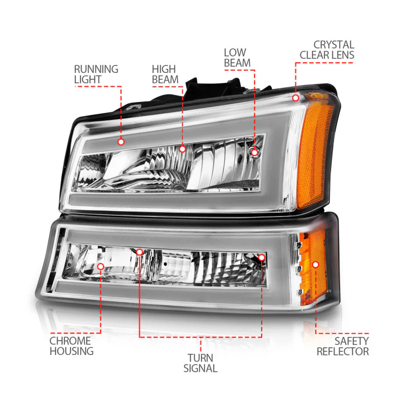 ANZO 2003-2006 Chevrolet Silverado 1500 Crystal Headlights w/ Light Bar Chrome Housing - Image 12