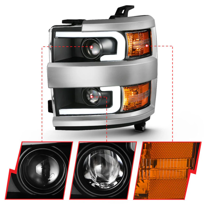 ANZO 2015-2016 Chevrolet Silverado Projector Headlights w/ Plank Style Design Black w/ Amber - Image 10