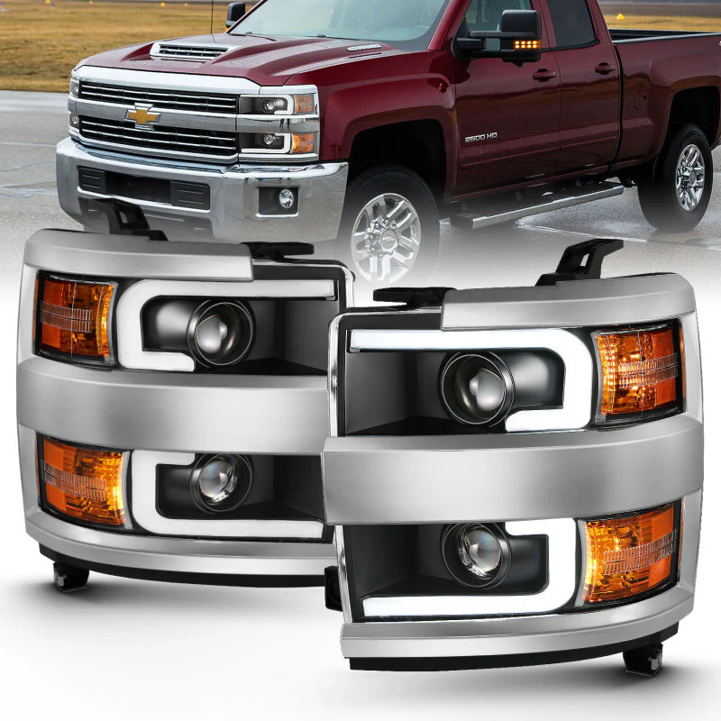 ANZO 2015-2016 Chevrolet Silverado Projector Headlights w/ Plank Style Design Black w/ Amber - Image 4