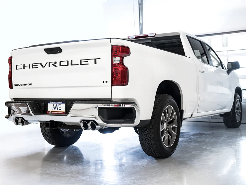AWE Tuning 4th Gen GM 1500 6.2L 0FG Cat-Back Split Rear Exit (w/ Bumper Cutouts) - Quad Chrome Tips - Image 3