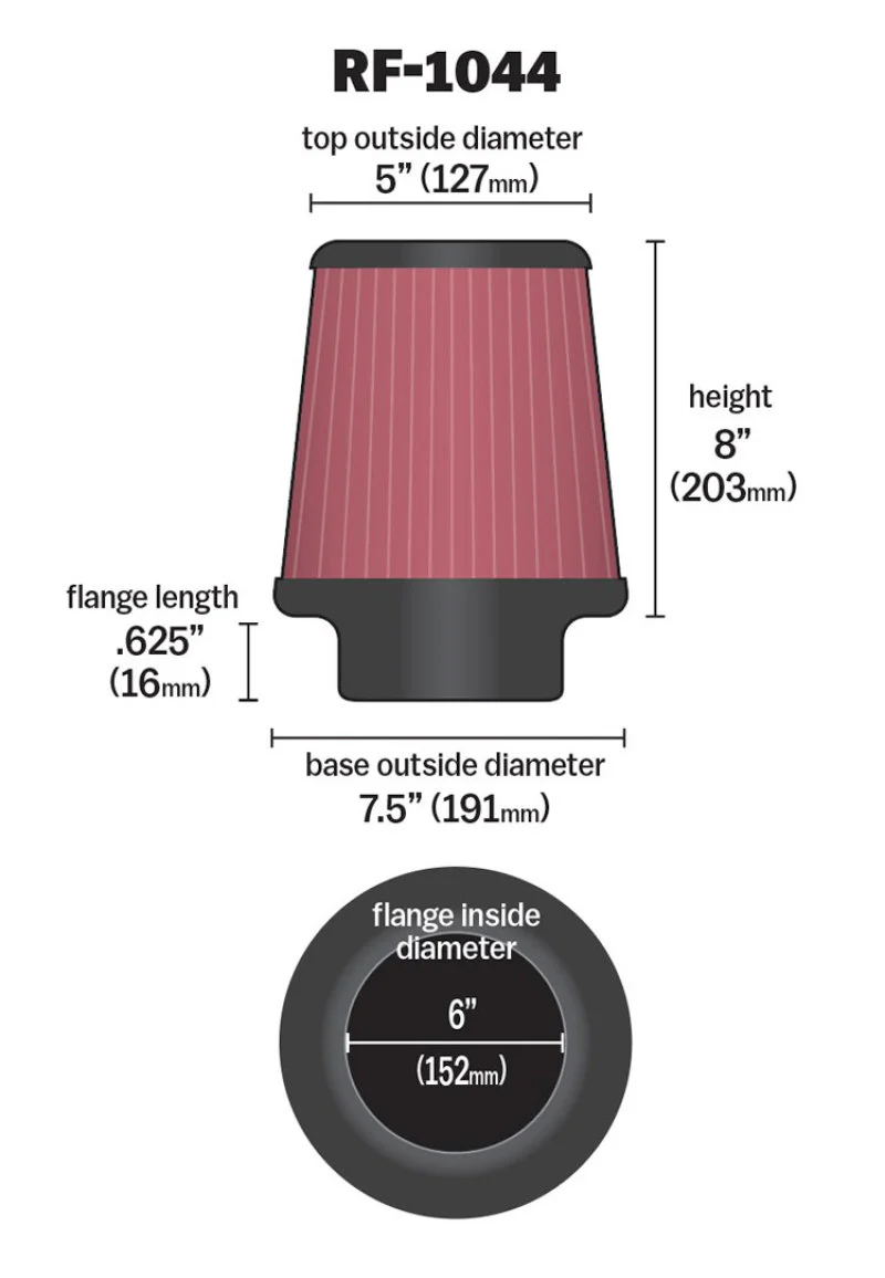 K&N Round Tapered Universal Air Filter 6 inch Flange 7.5 inch Base 5 inch Top 8 inch Height - Image 3